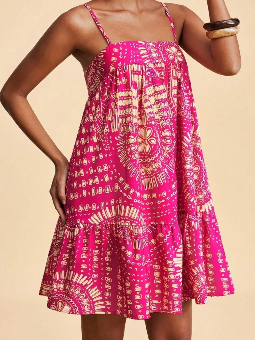 Multicolor Boho Women's Mini Dress Allover Print, Casual Vacation Beach Outfit - Picture 7 of 7